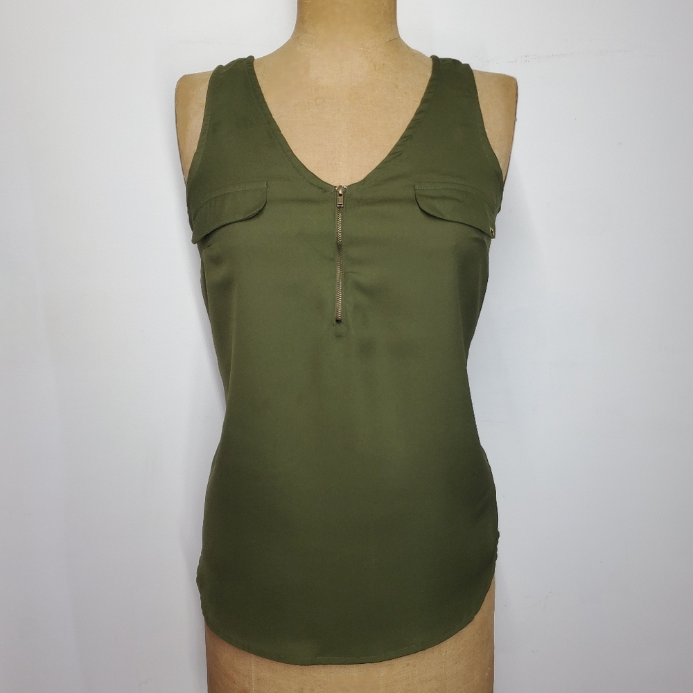 Fashion Web Size M Tank Top Army Green Chiffon V Neck Faux Pockets Zip Flowing